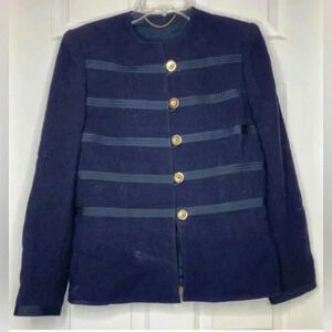 Woman Navy Blue Wool Silk Line Chain Weighted Button Front Jacket Sz 8 42 France